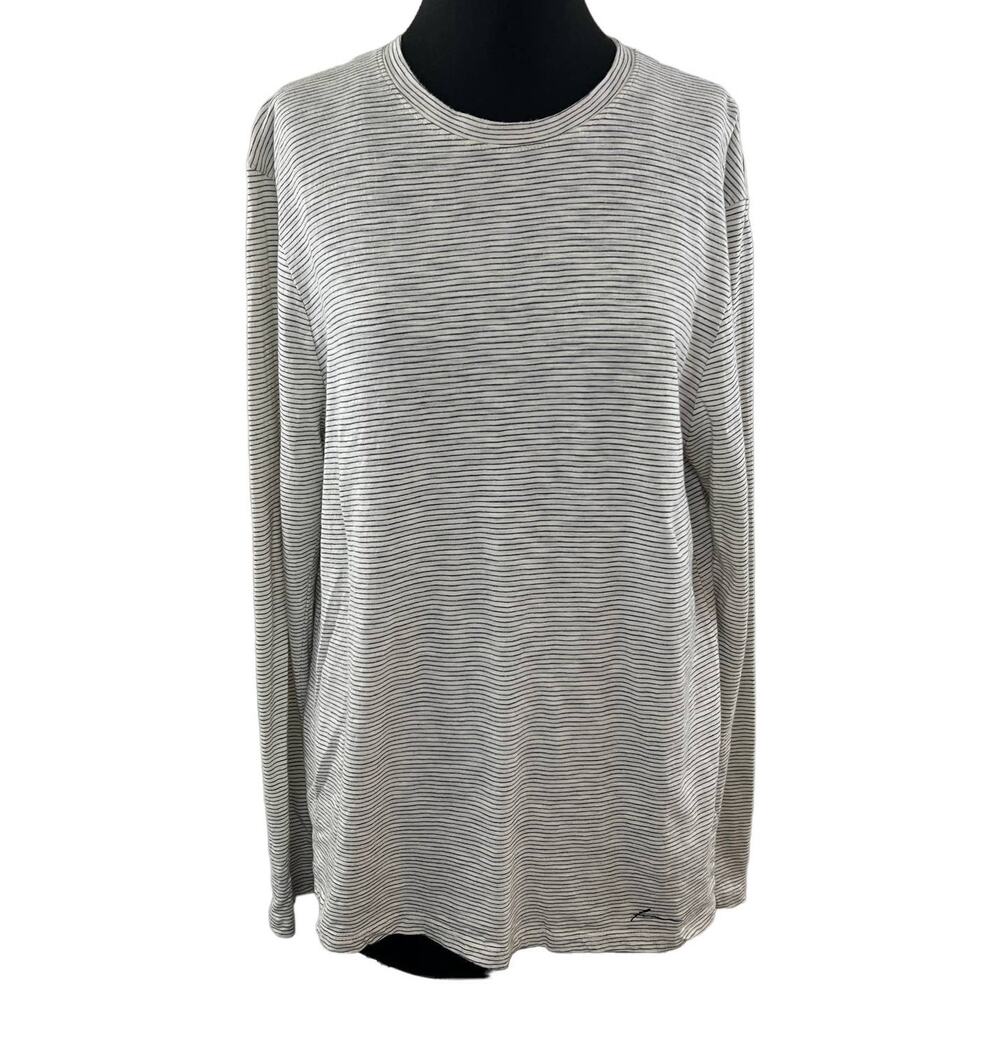 FRAME Men's White Black Stripe Cotton Blend Long Sleeve Pullover Slim Top Size L